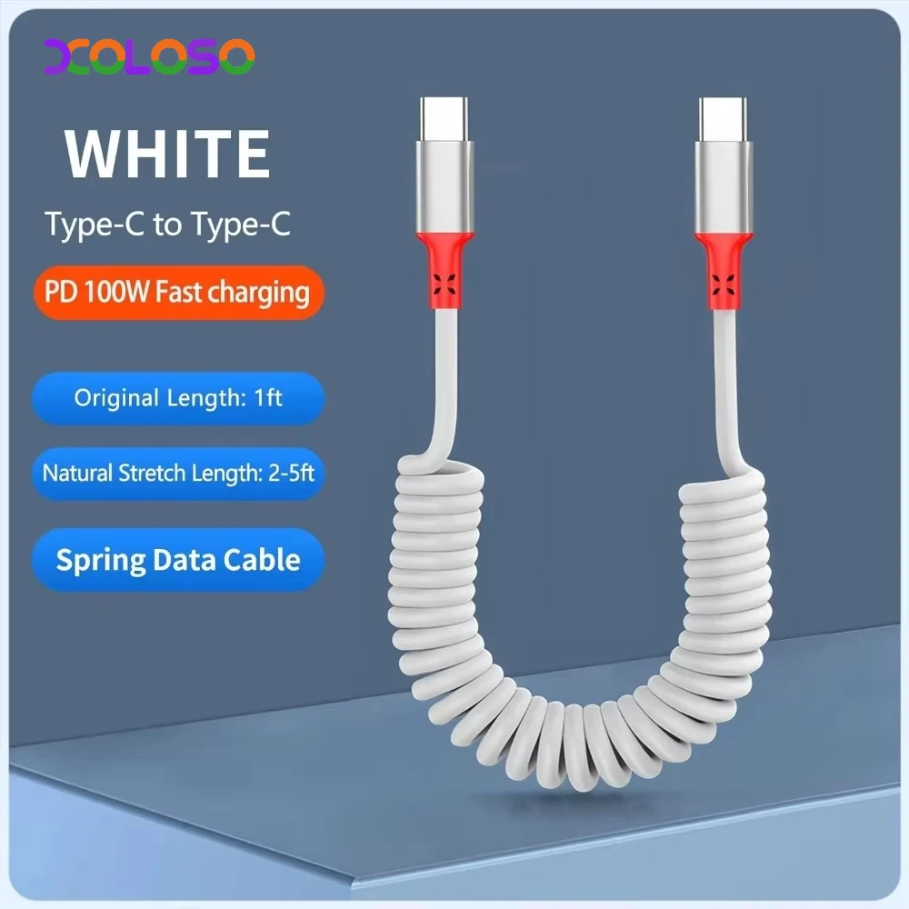 Elbow USB-C Retractable Spring Data Cable Supports fast charging ,compatible with for iPhone 16 Pro Max Car Spring Type C Cable