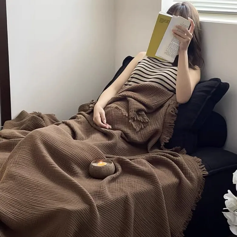 Manta de gasa peinado de cuatro capas de estilo japonés, manta de bebé con flecos de Jacquard, manta para siesta de oficina