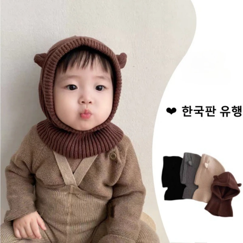 

Korean Kids Balaclava Hat Winter Ear Flap Hat with Scarf Hood Cute Animal Ear Design Knitted Cap for Babies Warm Neck Warmer Set