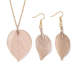 Electroplated Gold Color Leaves Necklaces For Women Natural Real Leaf Drop Earrings Bohemian Wedding Unique Jewelry Set Gifts