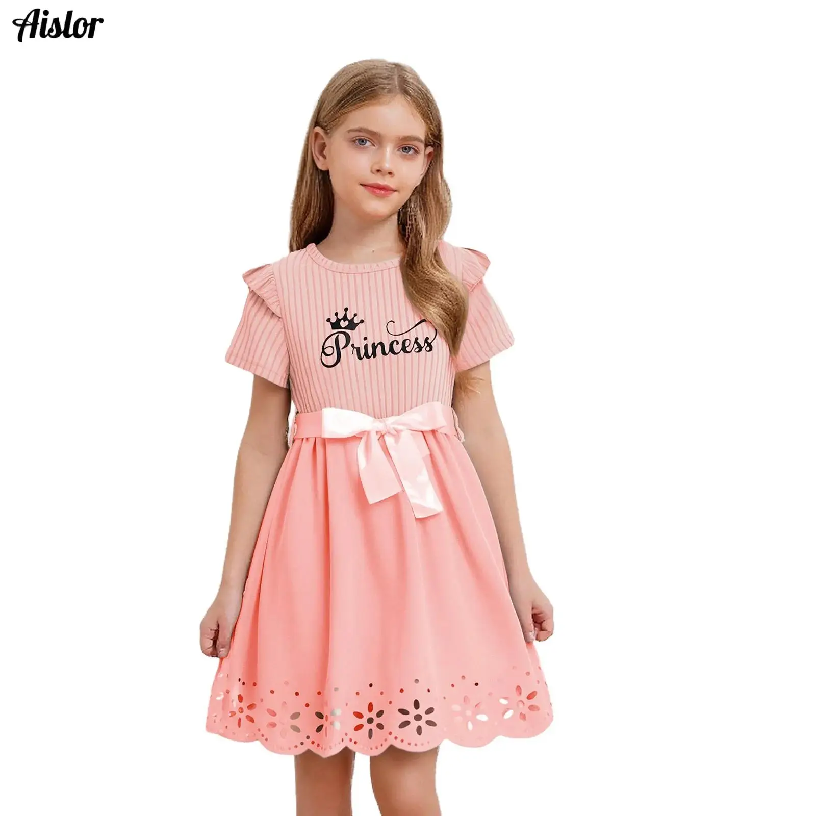 

Kids Girls Dress Summer Short Sleeve Letter Printed Hollow Out Floral Ruffles Hem Dress with Belt for Birthday Party Wedding
