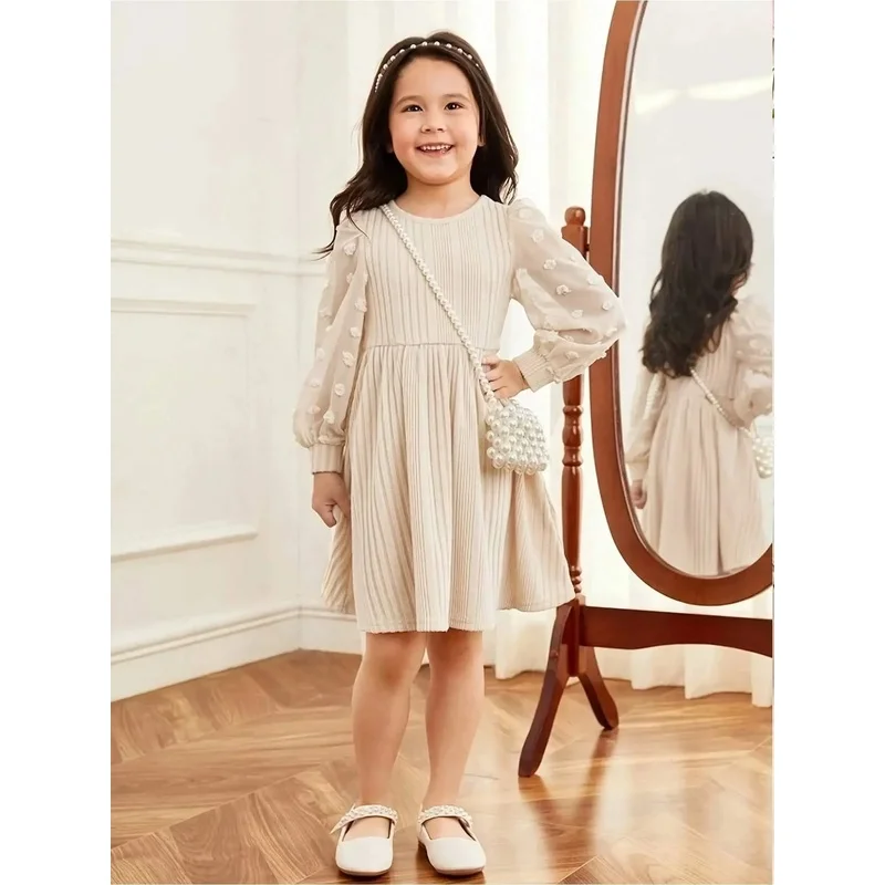 French Elegant Polka Dot Velvet Long Sleeve Dress Lace Patchwork round Neck Lantern Bubble Sleeve Umbrella Skirt Woven Gown