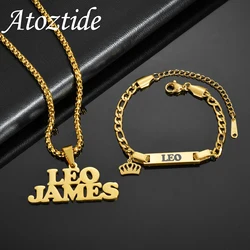 Atoztide Personalized Custom Names Necklace Bracelet Jewelry Set For Baby Kids Stainless Steel Figaro Chain Birthday Gift