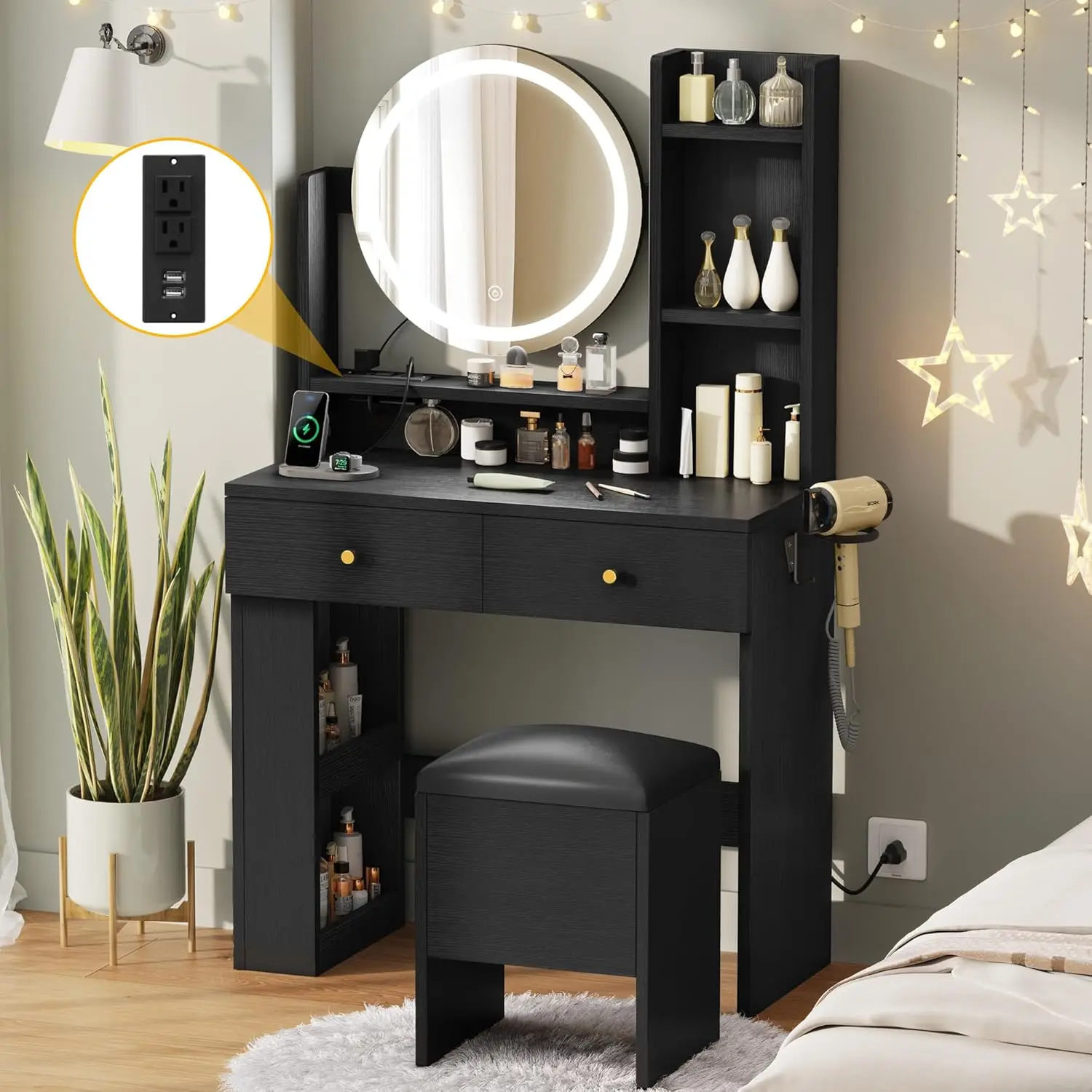 Yitahome Makeup Vanity Desk With Mirror And Lights, Vanity Table Set With Power Outlets, Storage Drawer, Chair And 3 Shelves,