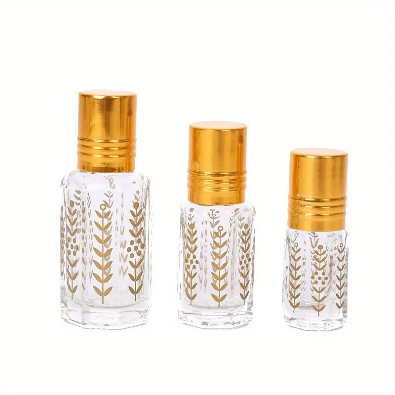 3/6/12ml Transparent Roller Bottle Sample Dispenser Empty Glass Bottle Gold Wheat Pattern Essential Oil Perfume Travel Portab...
