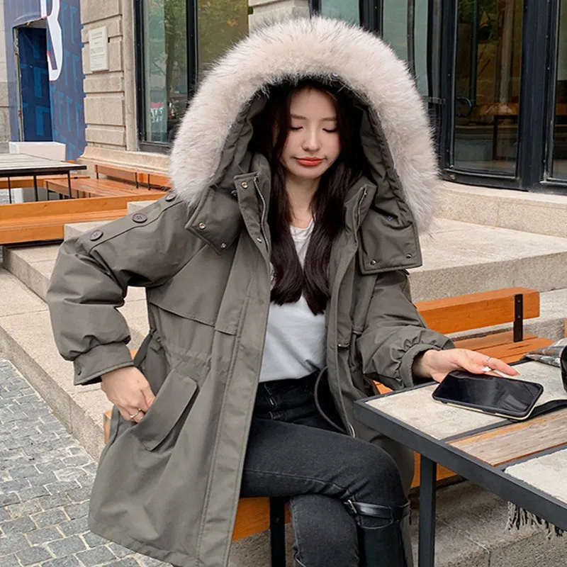 Jaket Parka wanita, mantel Parka Korea tebal musim dingin kerah bulu Puffer