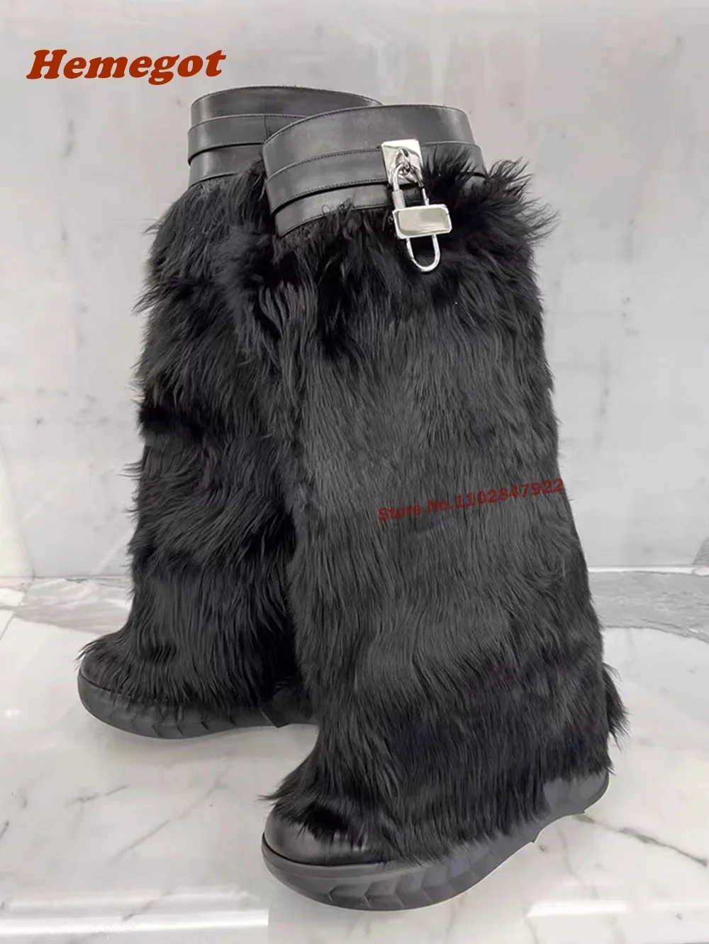 

Plush Padlock Platform Shark Boots 2025 Newest Knee High Women's Boots Winter Round Toe Wedges Size 43 Luxury Solid Warm Shoes