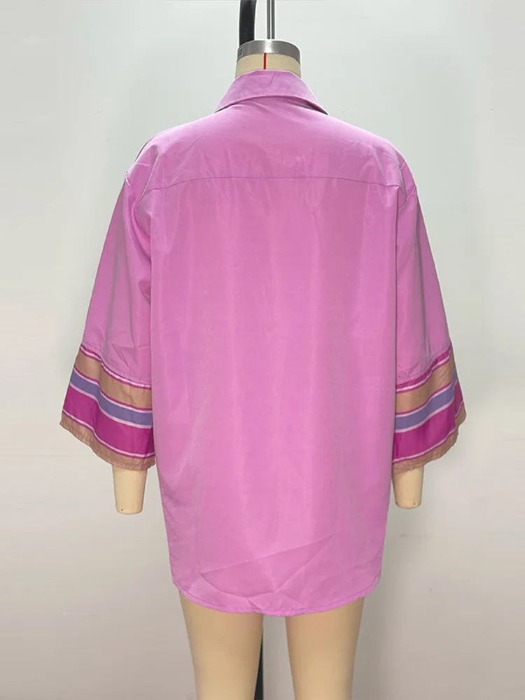 Gestreifte Patchwork-Hemden für Damen, Streetwear mit Revers, Langarm, Paneelen, Locker Sitzende Blusen, Charmante Partykleidung, Neu – Detail 4