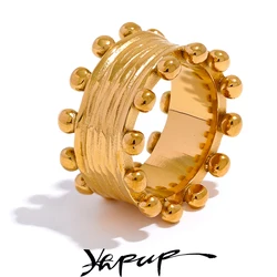 Yhpup 316L Stainless Steel Fashion Wide Ring Women Statement Texture Gold Color 18K PVD Plated Waterproof France Finger Jewelry