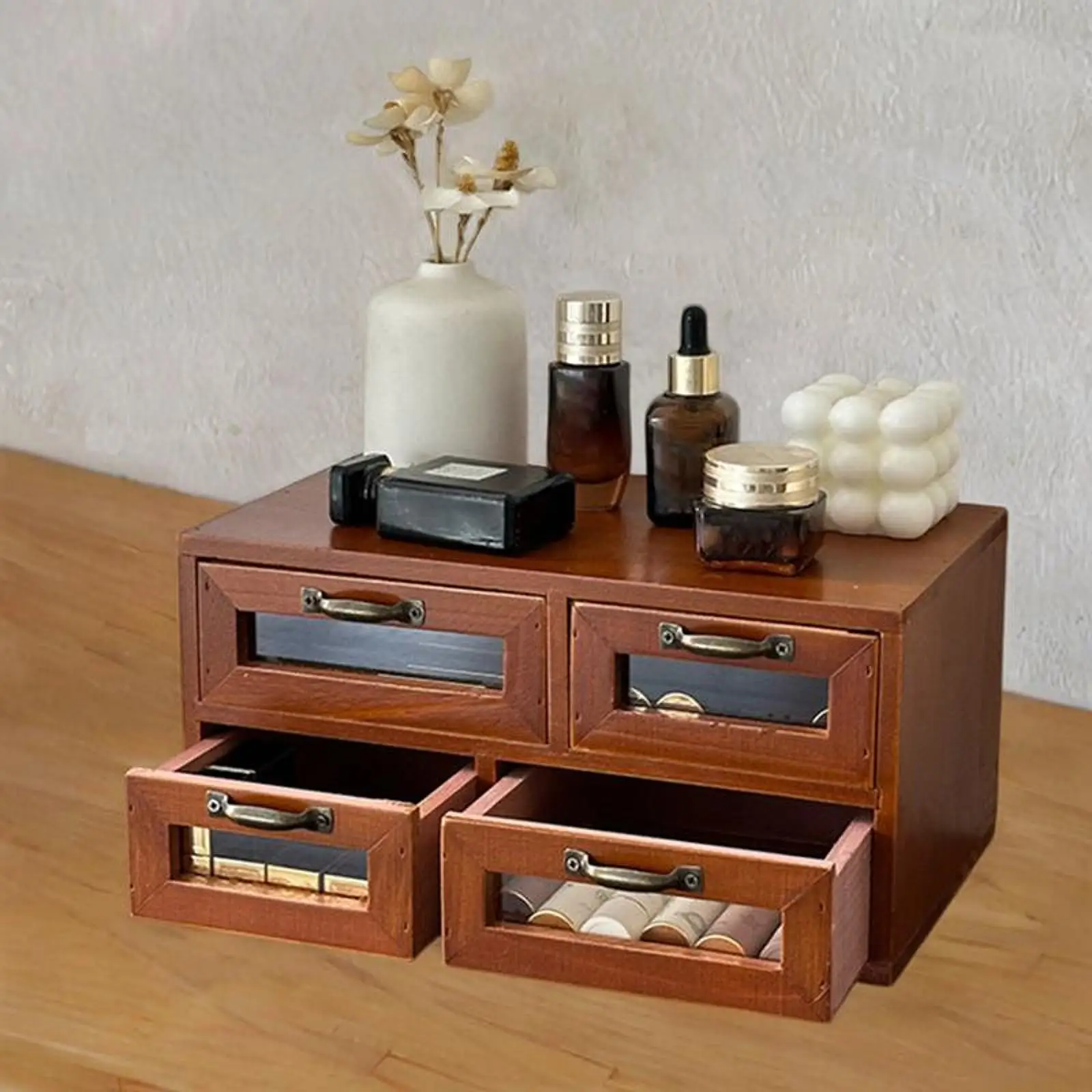 

Desk Organizer with 4 Drawers Vintage Small Cabinet Tabletop Storage