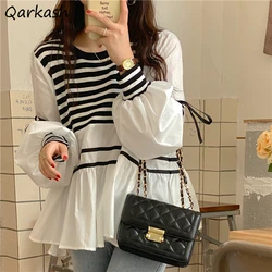 Striped Shirts Women Spring Autumn Loose Patchwork Lantern Sleeve Lace-up Clothing Fashion Design Simple Casual Daily Basic New