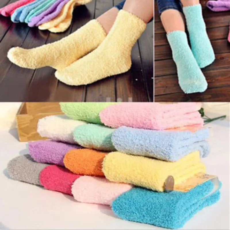 

Women's Bed Socks Pure Color Fluffy Warm Winter Christmas Gift Soft Floor Home Candy Color Coral FLeece Velvet Socks Dropship