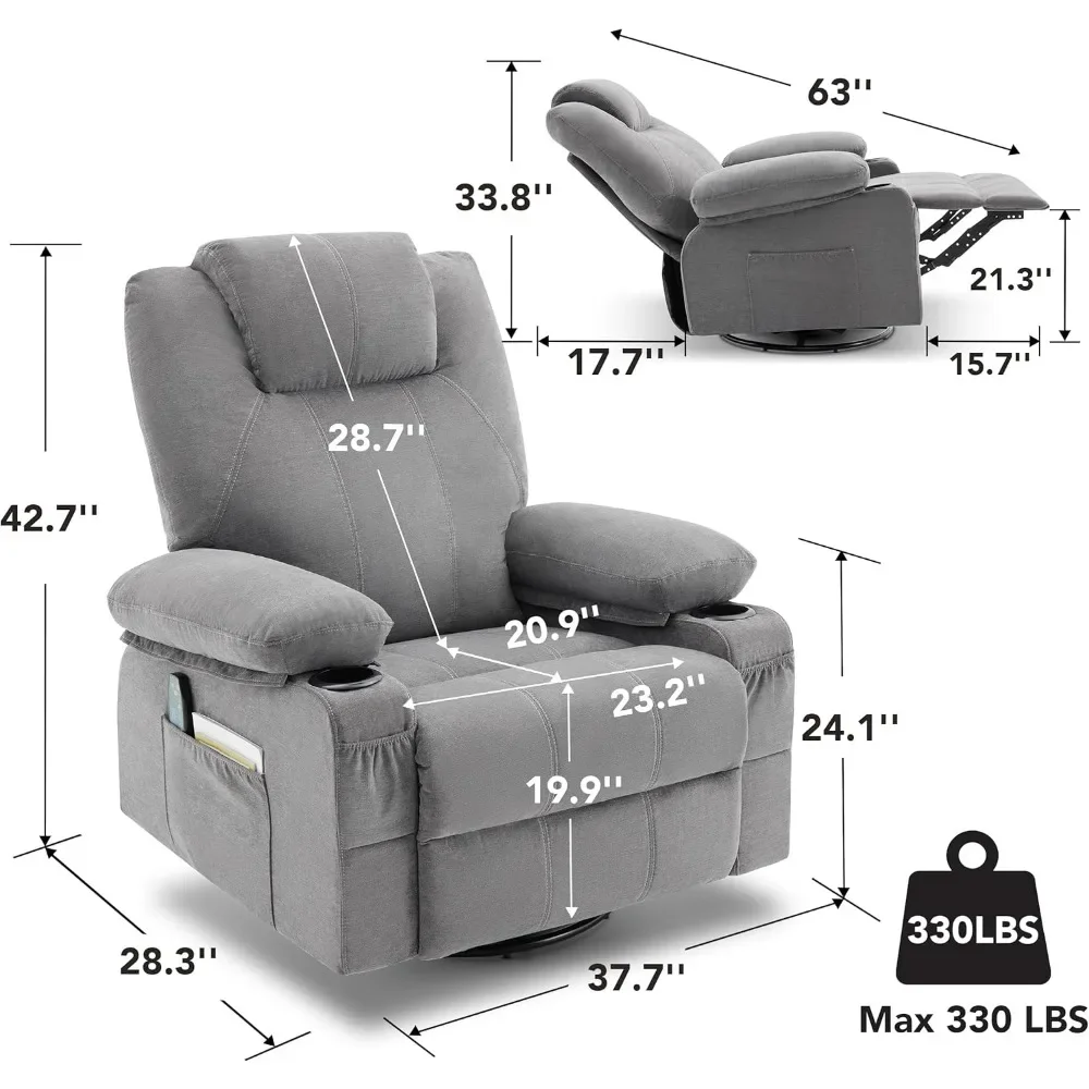 Oversized Swivel Rocker Recliner Chair with Heat and Massage, 360 Degree Swivel Rocking Single Sofa with Cup Holders and USB