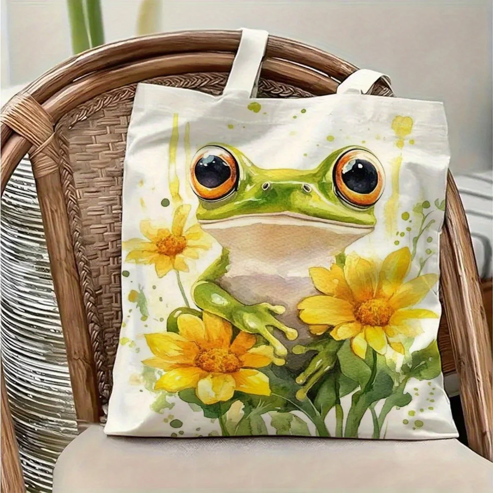 1pc Watercolor Frog Sunflower Themed Printed Tote Bag, Reusable Shopping Bag, Suitable for Daily Use, Shopping, School, Travel