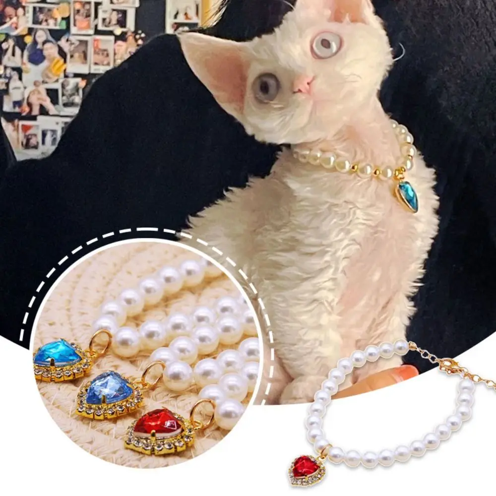 

Pet Pearl Adjustable Collar Cat Jewelry Pendant Princess Gem Necklace Dog Sweet Decorations Puppy Rhinestone Collar Accesorios