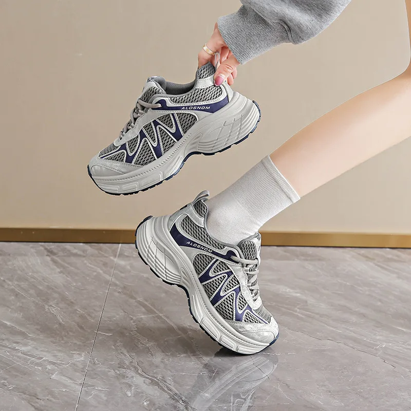 

Genuine Leather Mesh Breathable Thick-Soled Dad Sneakers for Women comfortable versatile casual sneakers lightweight