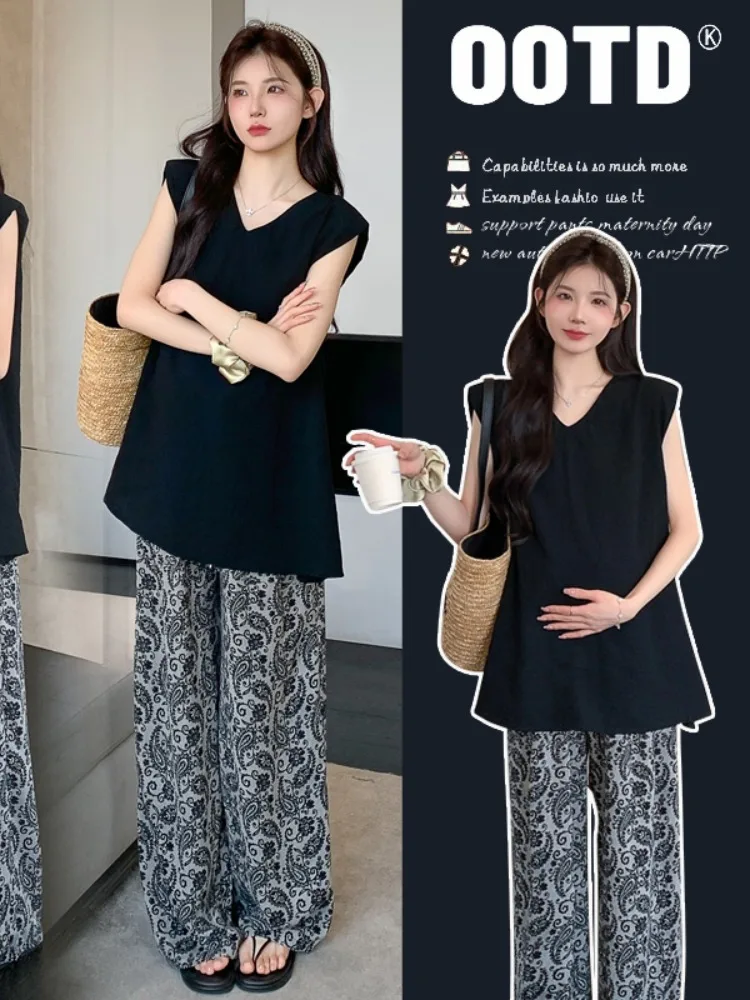 夏のマタニティセット韓国風ノースリーブワイドレッグパンツツーピース妊娠服快適な綿インナー薄いポリエステル