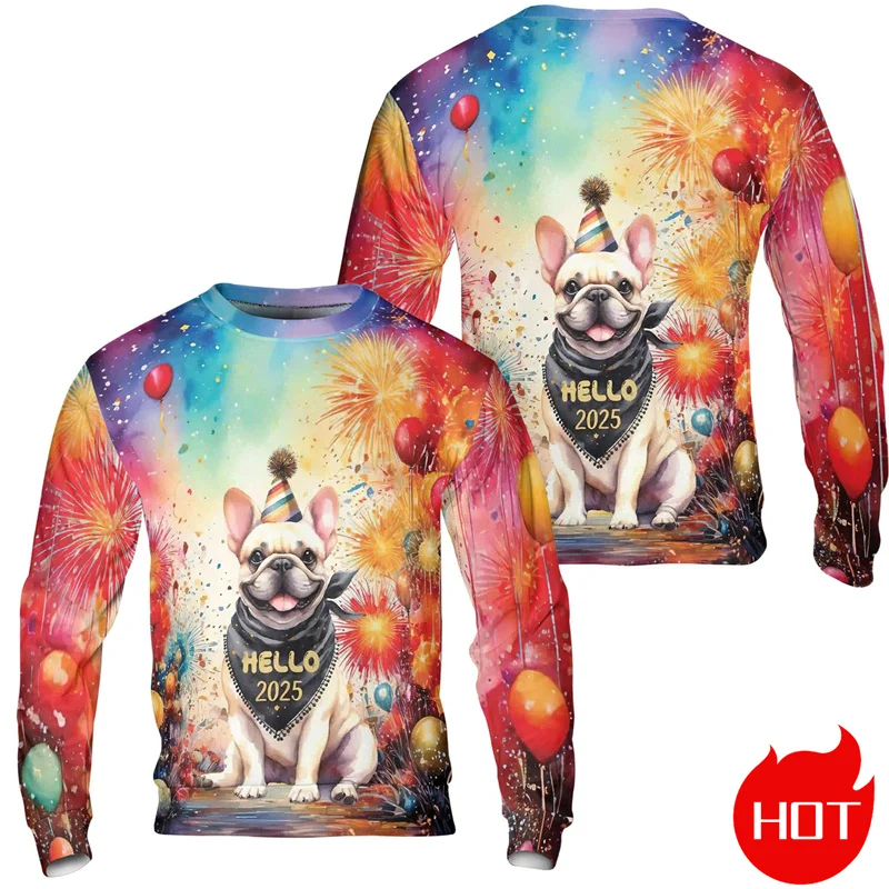 2025 3D Print Happy New Year Sweatshirts Bull Terrier Firework Graphic Round Neck Sweatshirts Men Fashion O-neck Hoodie Clothing