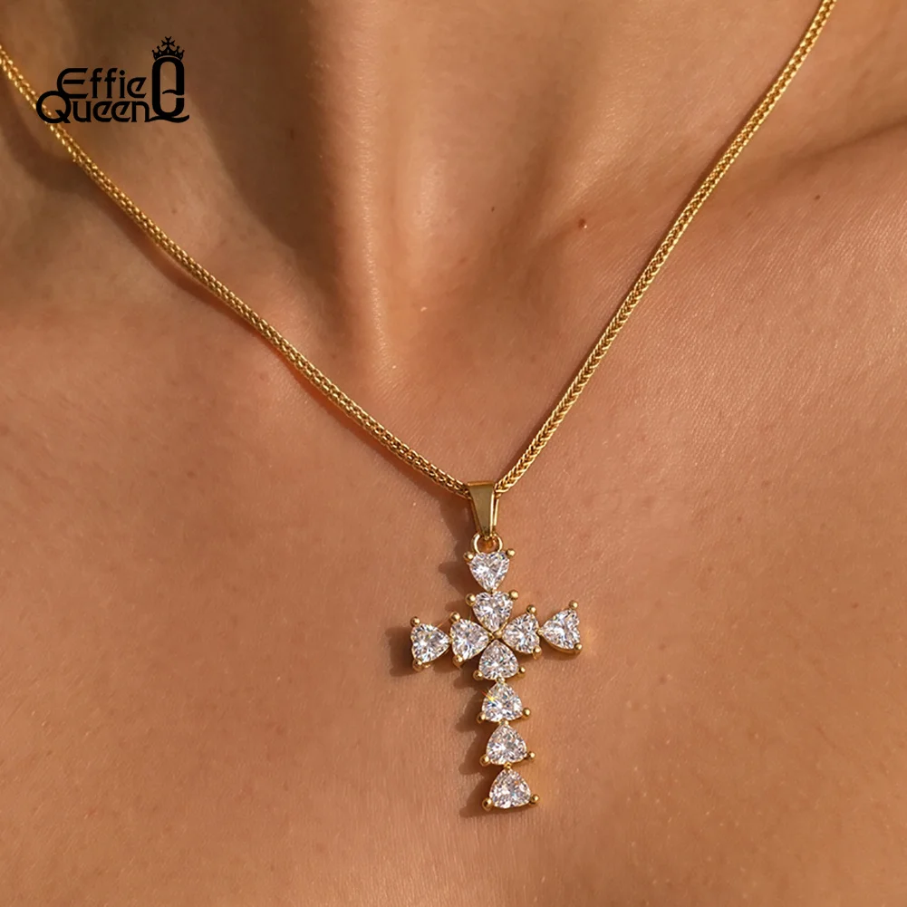 EFFIE QUEEN Sparkling Zircon Love Cross Pendant Necklace Stainless Steel Dainty Cross Shape Choker Chain Fashion Party STKN33