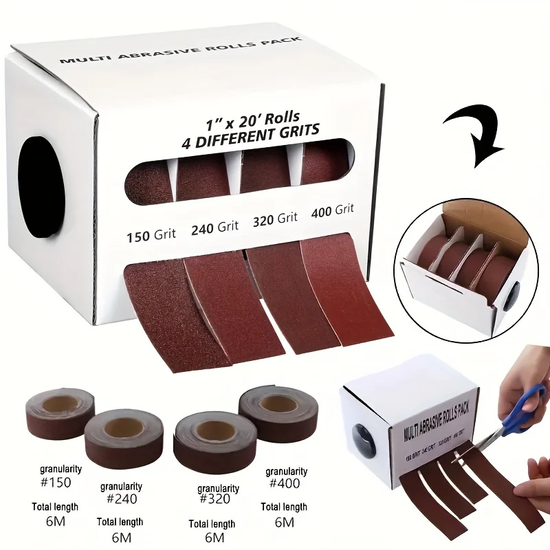 

1/4/5/6 Rolls of 6 Meters 25mm Grit Sandpaper Dry Sanding Emery Strips Stretchable Sandpaper Wrap Strips Dispenser Cloth