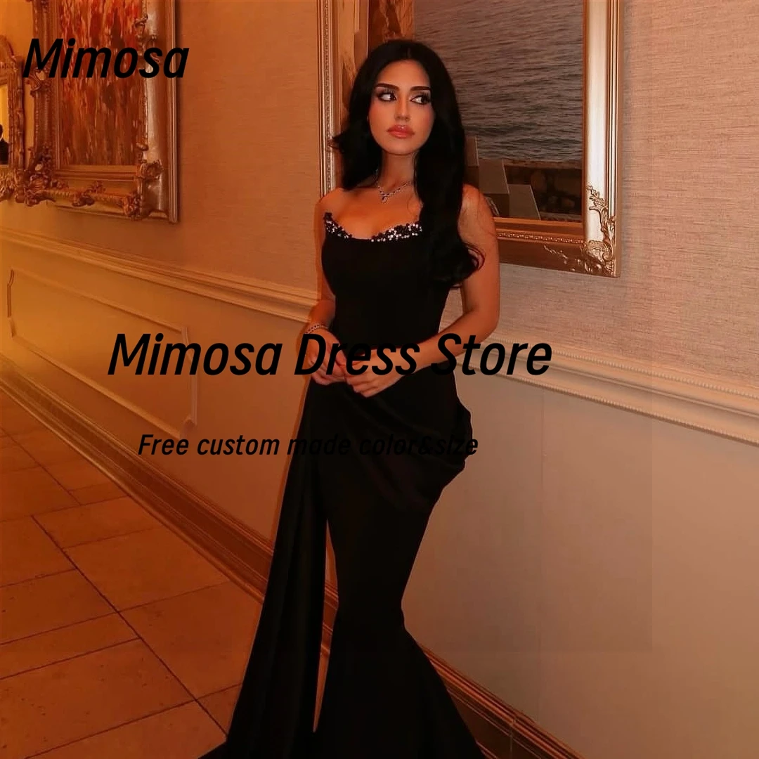 ミモザ ブラック マーメイド プロムドレス ビーズ付き スイートハート イブニングドレス シャーリング付き ロング フラッターズ ローブ デ ソワレ カスタマイズ