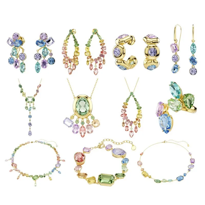 Natural Crystal Gemstone Jewelry Set 14K Gold Plated Earrings Necklace Ring Bracelet Elegant Wedding Party Jewelry for Women