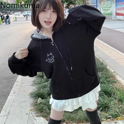 Black Zip Up Hoodie Women Clothing Cat Print Hooded Y2k Jackets Chic Japanese Sweatshirts Casual Streetwear Cotton Hoodies Tops