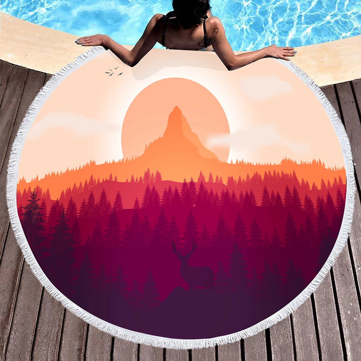 Sunrise Scenery Print Round Beach Towel,Polyester Soft Sand Resistant Beach Blanket,Absorbent Quick Dry Pool Towel Picnic Mat