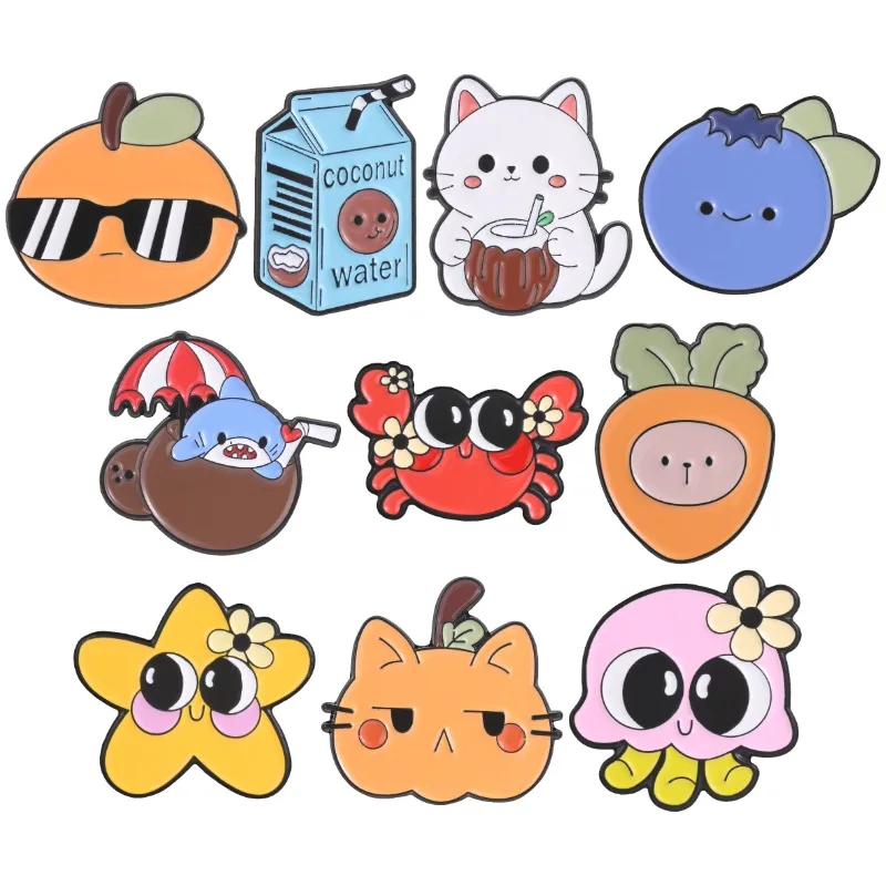 Fruit Ocean Animal Enamel Pins Orange Blueberry Carrot Cat Shark Brooch Crab Star Octopus Badge Coconut Jewelry Accessories Gift