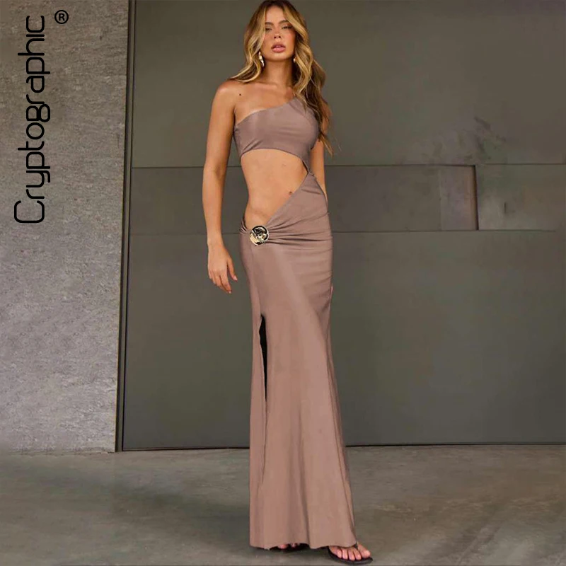 

Cryptographic Sexy Cut Out Bodycon Maxi Dress Women's Irregular Side Slit Long Dress Elegant Evening Party Club Open Waist Dress