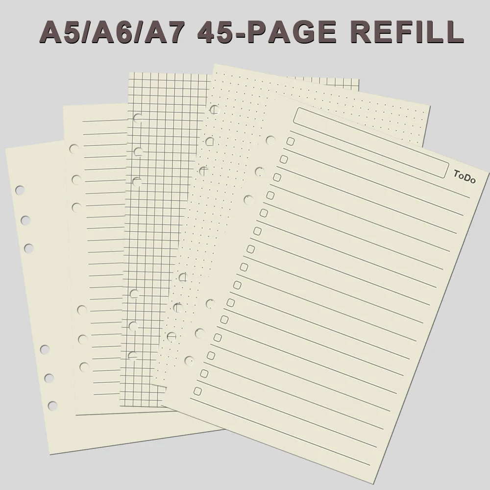 6-Hole A5 A6 A7 Notebook Refill 45 Sheets Lined Blank Dotted