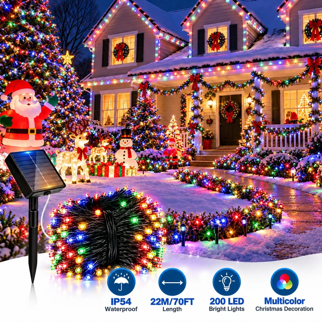 200 LED Solar Outdoor String Lights, 2027 New Year's Day, Christmas Decorations, 22M/70FT, Suitable For Yard, Garden, Party, Wedding, Independence Day, And Holiday Home Decor, IP54 Waterproof