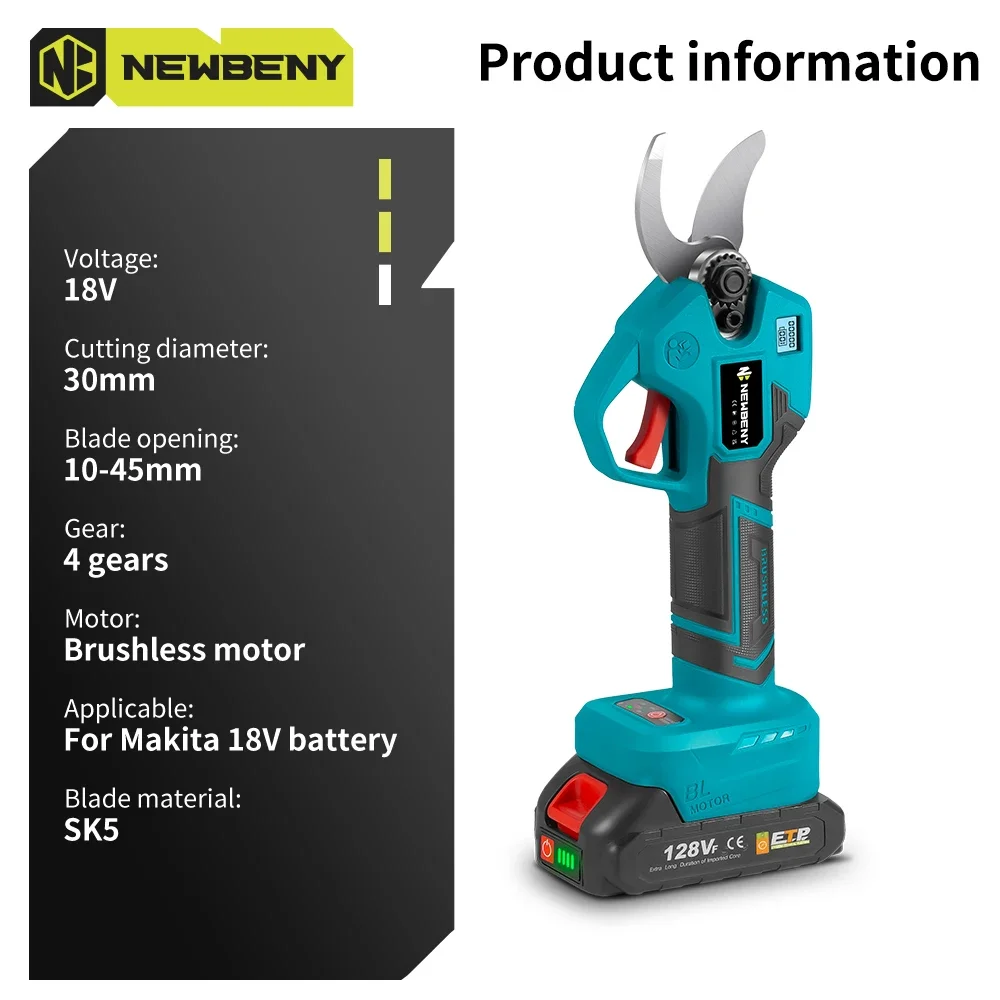 NEWBENY 30mm Brushless Electric Pruning Shears 4 Gear Cordless Garden Fruit Tree Bonsai Beautify Tool For Makita Battery Pin