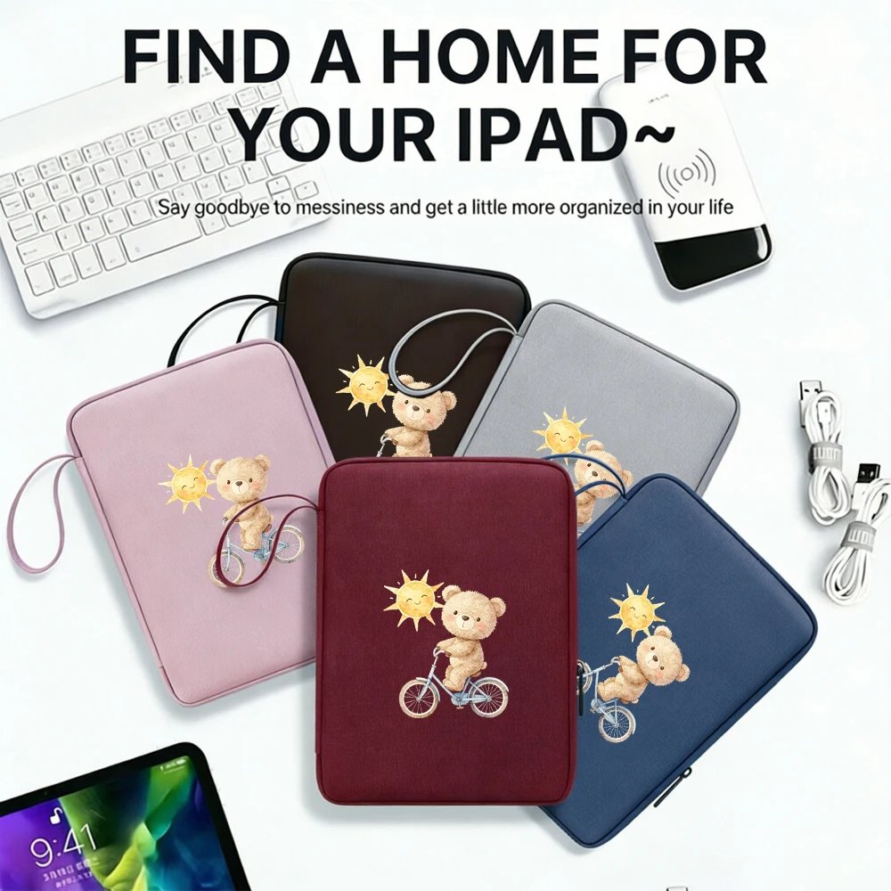 Pink Bear Tablet Sleeve Bag, Dual Compartment with Pencil Holder, Inner Mesh Pocket, Hand Strap, Zipper Closure, Shockproof Waterproof
