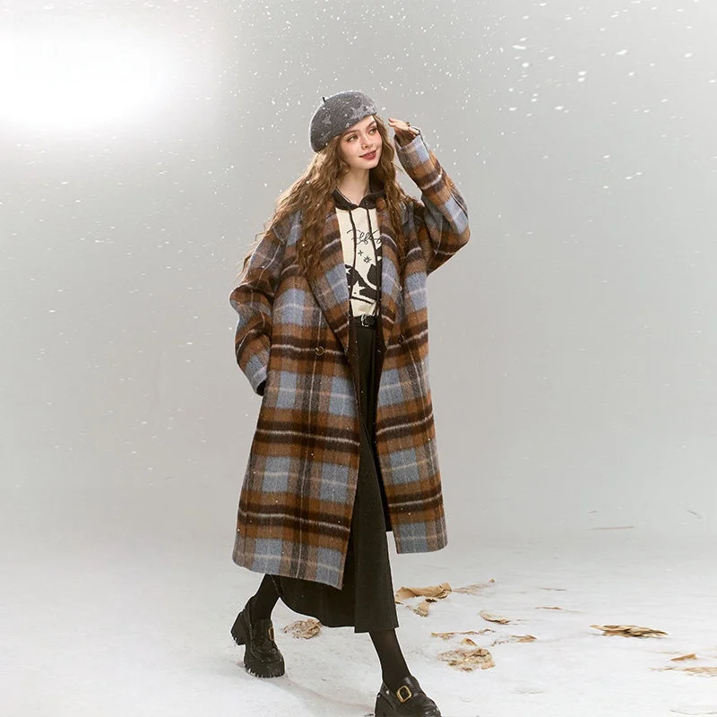 

Long Plaid Briti Sle Coat Loose Fit Turn-down Collar Winter New Arrival Women's Woolen Jaet Elf Sa 2024 Winter Collec...