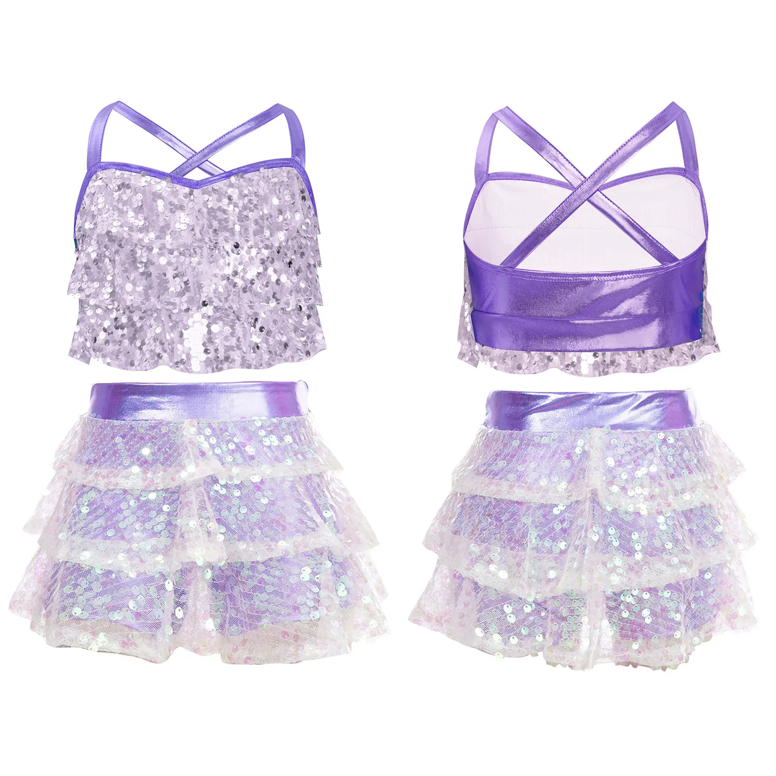 

Kids Girls Cheerleading Jazz Dance Outfit Glittery Metallic Sequins Tiered Ruffles Camisole Crop Top Dance Performance Costume