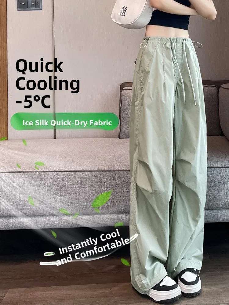 American Style Ice Silk Quick Dry Work Pants Women Summer Thin Loose Slimming Cuffed Sun Protection Wide Leg Sports Paratroop...