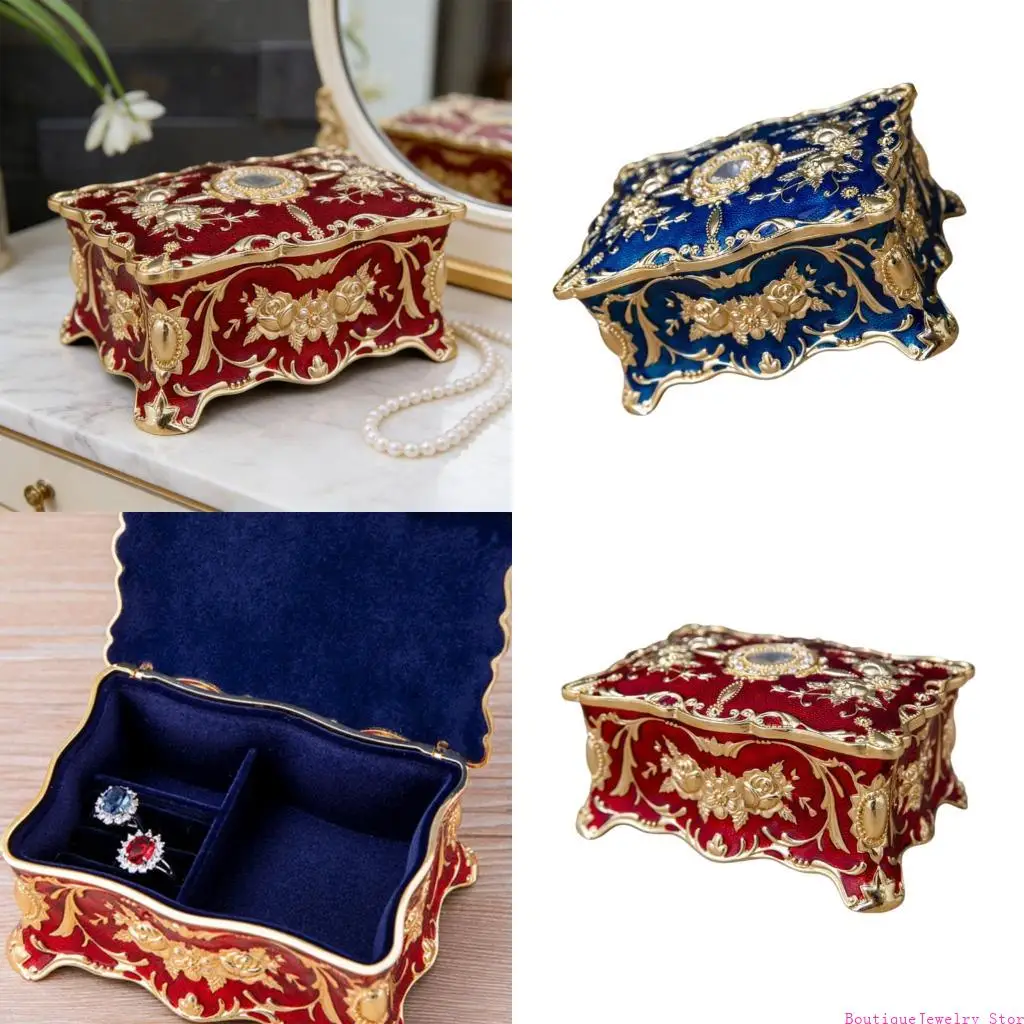 E1PE Antique Styles Floral Alloy Jewelry Storage Box With Soft Lining
