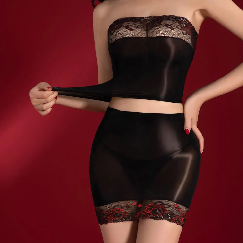 

Sexy Women Tube Top Double Use Micro Mini Skirt 6D 912Pin Shiny Smooth Tight Pencil Skirt Lace Sheer See Through Maid Skirt