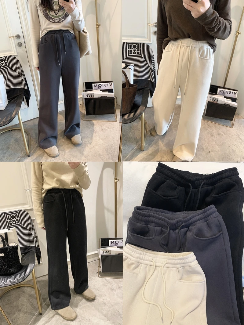 

Faionable Fce Lined Casual Wide Leg Pants High Waist Straight Cut Women's Autumn Winter New Sle Korean Version Dstring