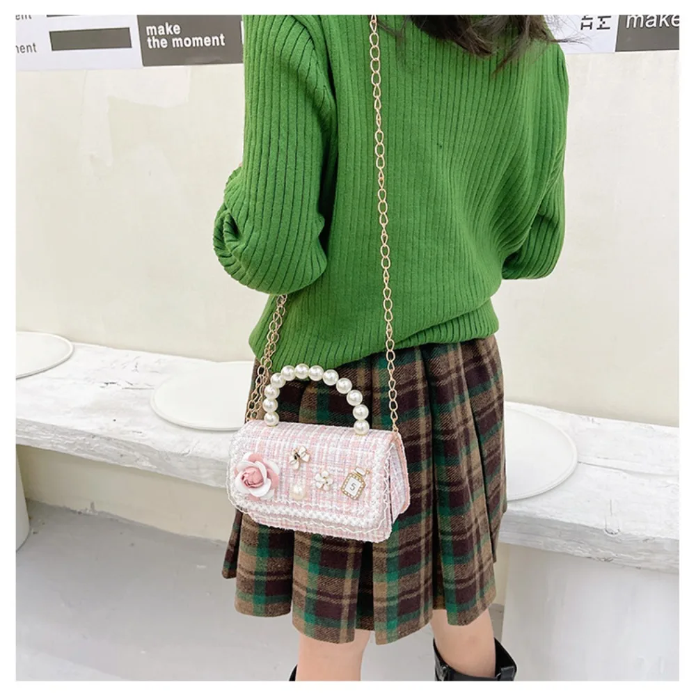 Modische Blumendekoration Kleine Quadratische Tasche mit Perlengriff Koreanischer Stil Umhängetaschen Mini Schultertasche für Kinder – Detail 8