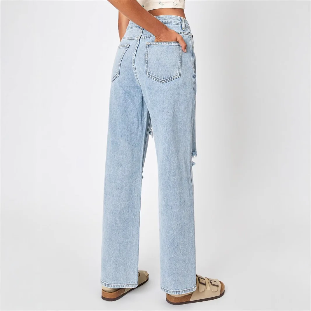 Women Jeans Washing Y2k Denim Straight Mom Pants Ankle Length High Waist Zipper Holes Pockets Loose Streetwear Casual Work