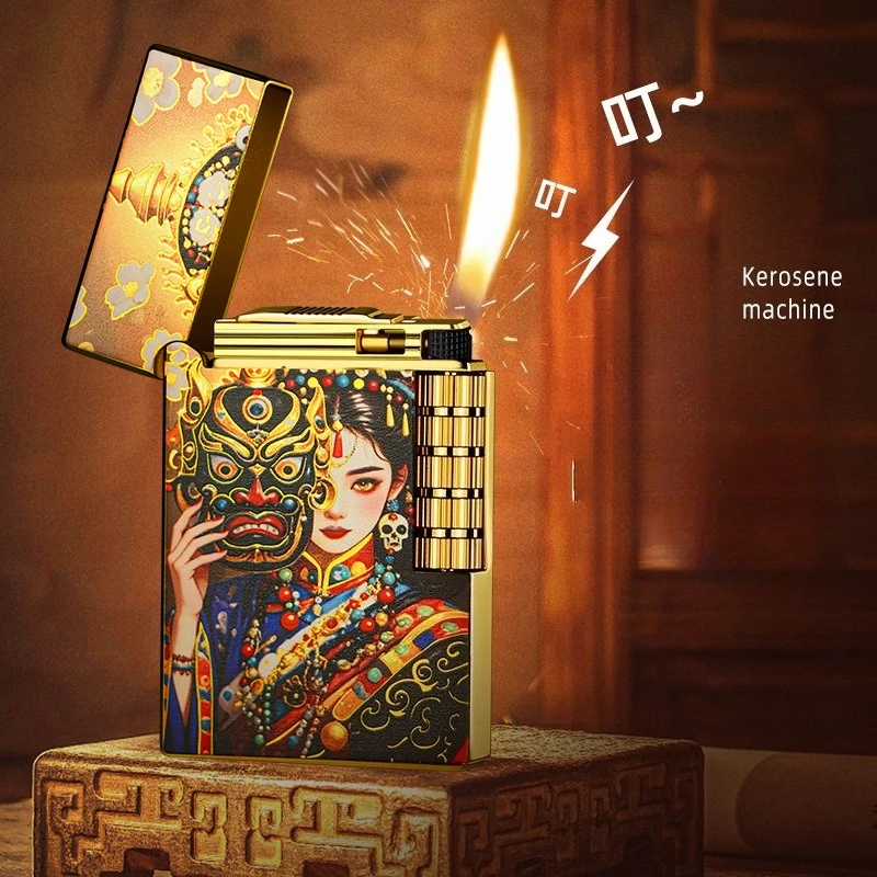 

2026 Gilded Enamel Double sided Color Printed Butane Gas Lighter Side Pulley Ignition High end Lighters Smoking Gifts For Men