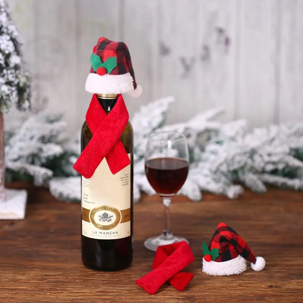 

Flannel Wine Bottle Cover Christmas Bottle Hat Festive Table Decoration Plaid Pattern Wine Bottle Cover Set for Christmas