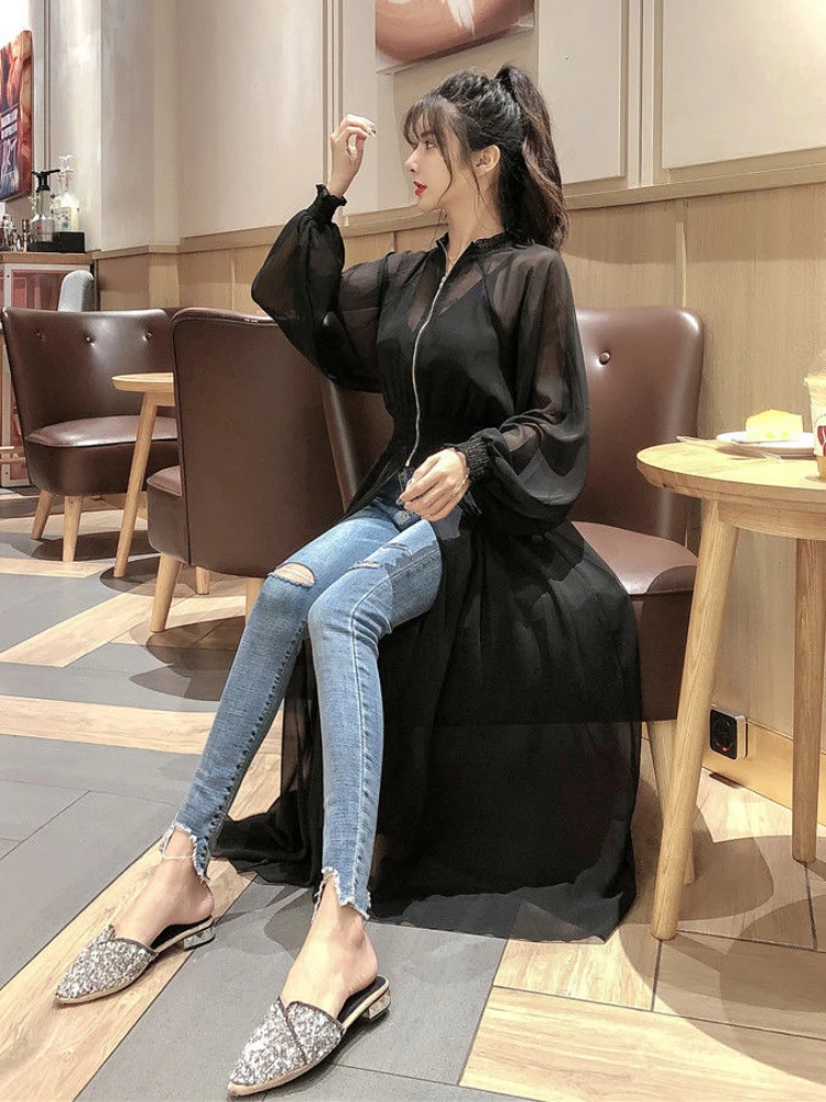 Summer Sheer Long Jackets Women Sun-proof Fashion Elastic Waist Tunic See Through Thin Korean Style Breathable Casual Solid Soft