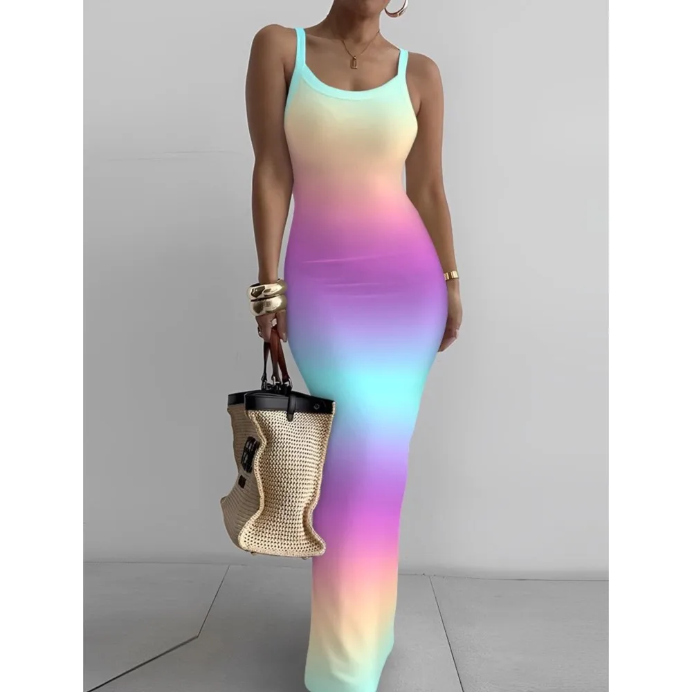 Gradient Printed Long Dress Summer New Women's Fashionable Printed Sexy Sleeveless Suspender Slim Fit Hip Hugging Long Dress - Image 2