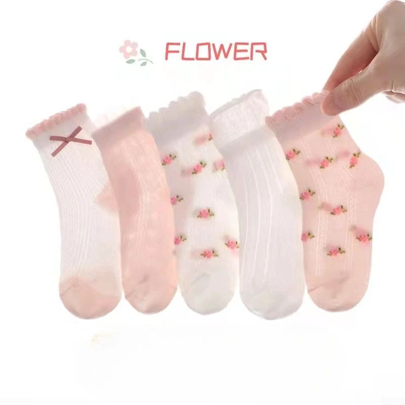 Girls Socks Cute Flowers Pattern Kods Socks 5 Pairs/Lot Spring Summer Cotton for Children Baby Little Girl Clothing Accessories