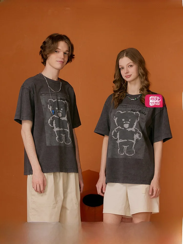 

Noisy Teddy ex Summer New Faion Print Bear Pattern round Ne ort Sve T-irt Casual Cotton 00% Cool Feeling