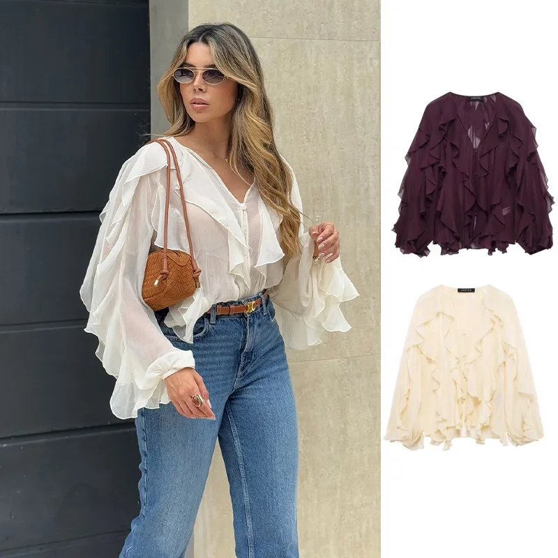 2025 Camisa de gasa con cuello en V de color Beige liso para mujer, camisa informal holgada de manga larga con un solo pecho y borde con volantes en capas