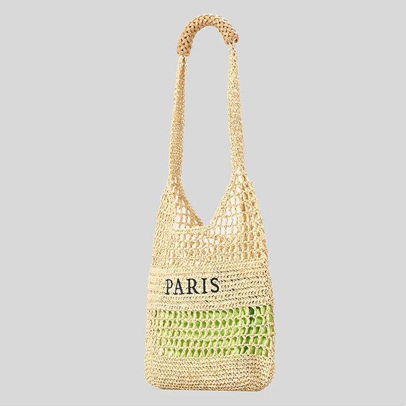 Casual Hollow Straw Women Shoulder Bags Letters Paper Woven Crossbody Bag Handmade Small Tote Female Bali Shopper Purses 2024